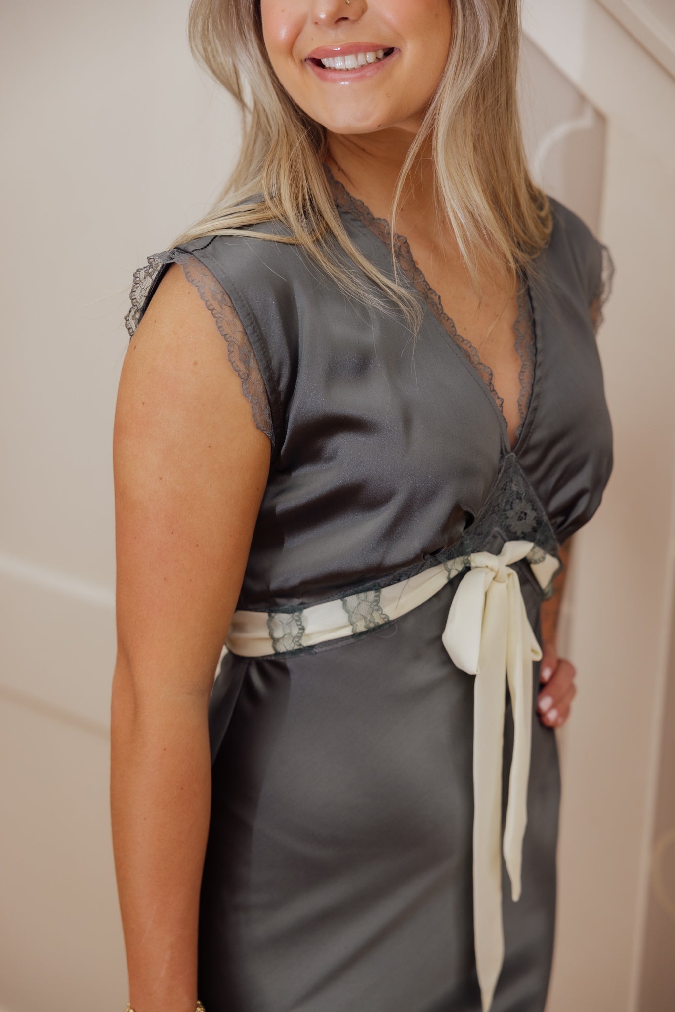 Green Satin Lace Midi Dress
